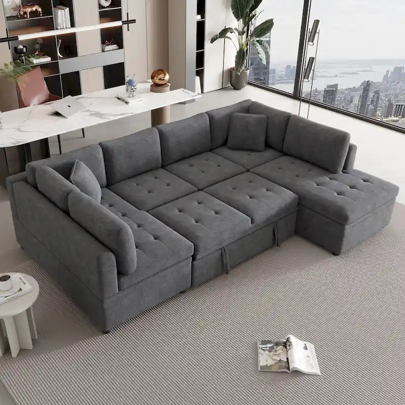 117.3 Divano componibile oversize a U, divano-letto estraibile con due cuscini decorativi per soggiorno, beige