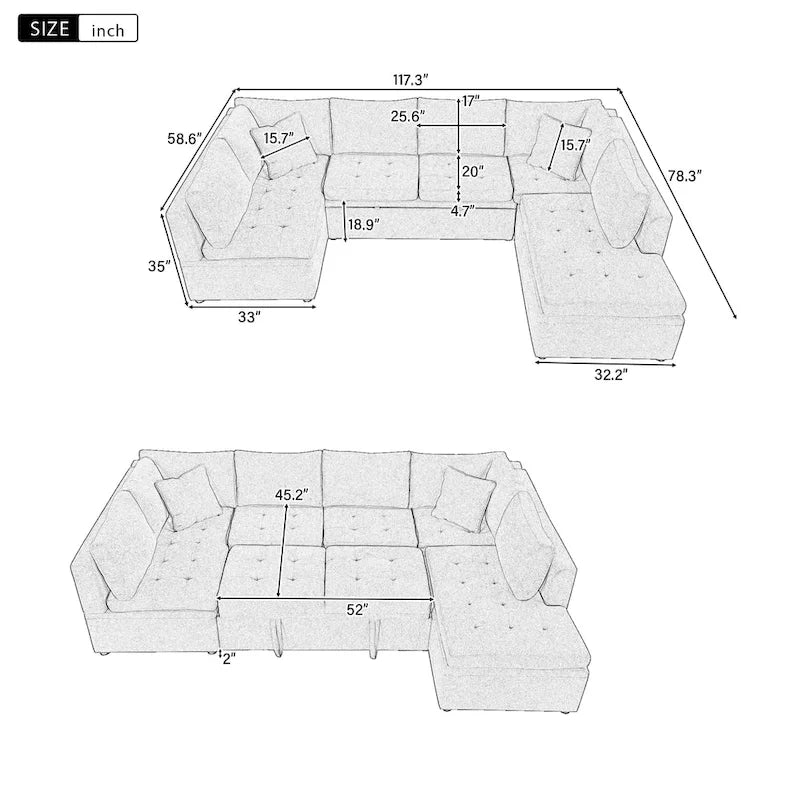 117.3 Divano componibile oversize a U, divano-letto estraibile con due cuscini decorativi per soggiorno, beige