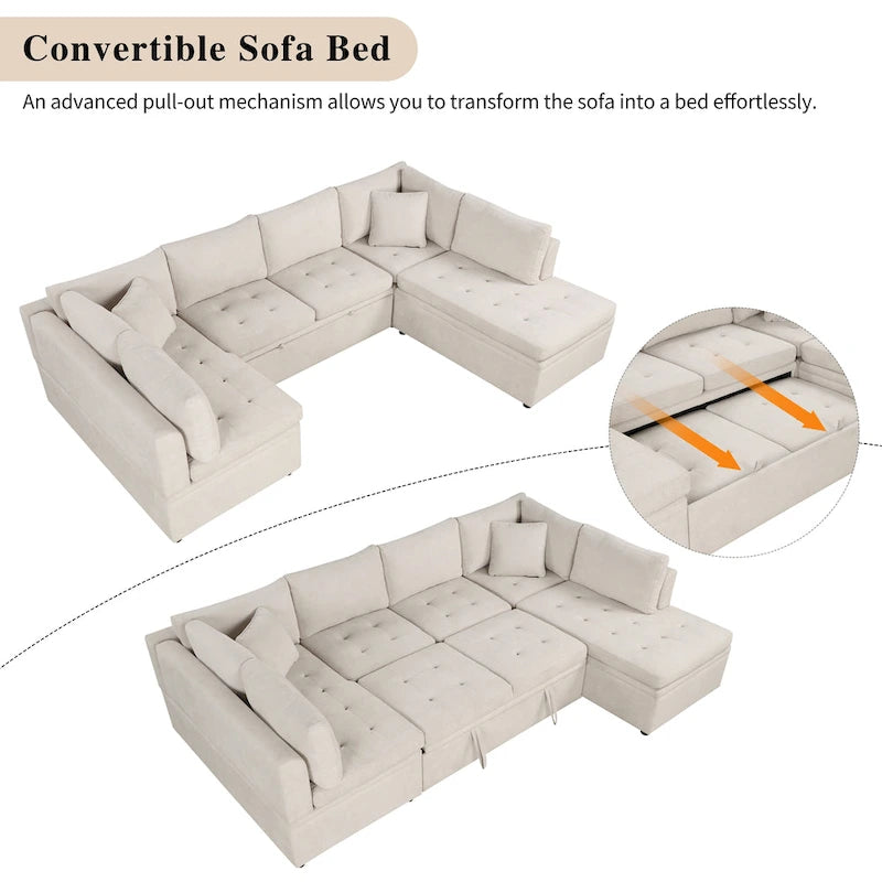 117.3 Divano componibile oversize a U, divano-letto estraibile con due cuscini decorativi per soggiorno, beige