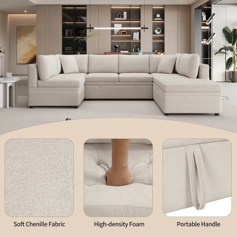 117.3 Divano componibile oversize a U, divano-letto estraibile con due cuscini decorativi per soggiorno, beige