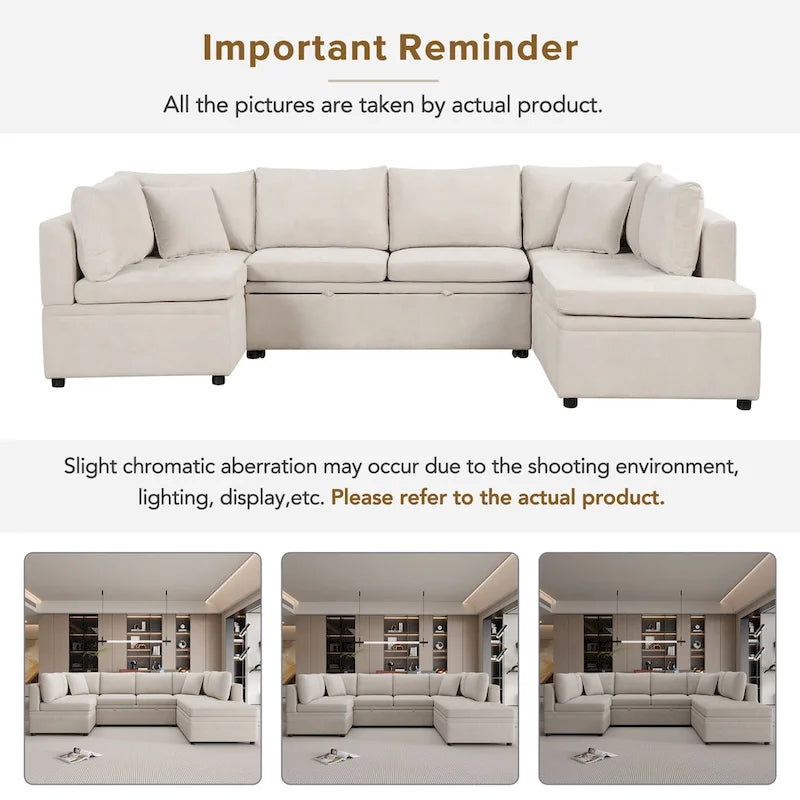 117.3 Divano componibile oversize a U, divano-letto estraibile con due cuscini decorativi per soggiorno, beige