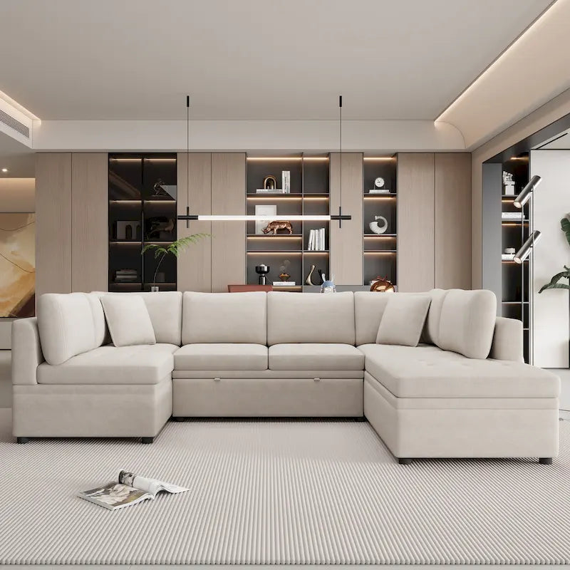 117.3 Divano componibile oversize a U, divano-letto estraibile con due cuscini decorativi per soggiorno, beige