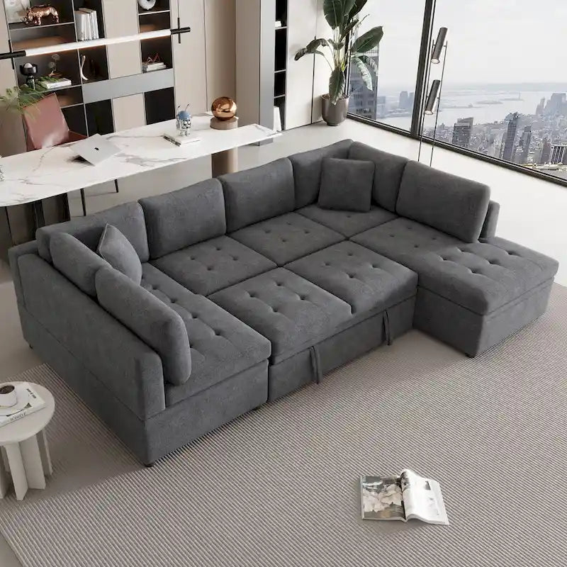 117.3 Divano componibile oversize a U, divano-letto estraibile con due cuscini decorativi per soggiorno, beige