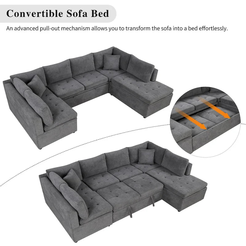 117.3 Divano componibile oversize a U, divano-letto estraibile con due cuscini decorativi per soggiorno, beige