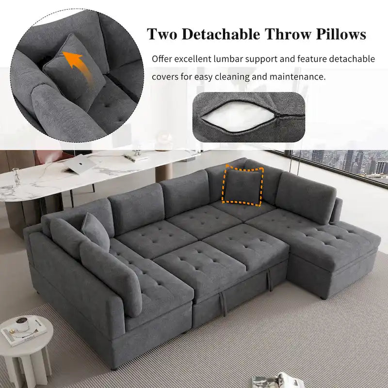 117.3 Divano componibile oversize a U, divano-letto estraibile con due cuscini decorativi per soggiorno, beige