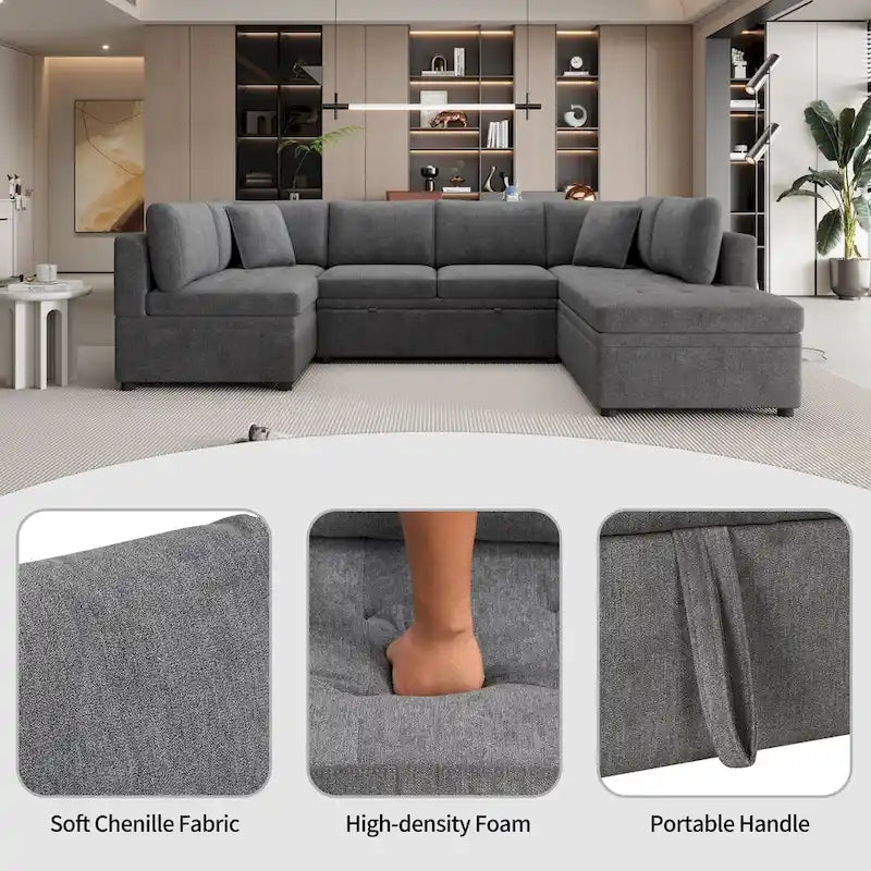 117.3 Divano componibile oversize a U, divano-letto estraibile con due cuscini decorativi per soggiorno, beige