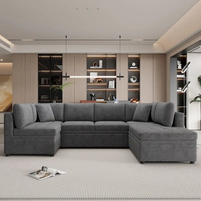 117.3 Divano componibile oversize a U, divano-letto estraibile con due cuscini decorativi per soggiorno, beige