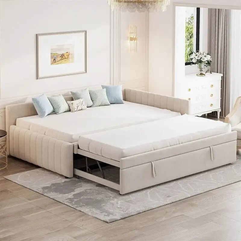 Lettino Imbottito con Letto Estraibile a Scomparsa Matrimoniale, Struttura Divano Letto Matrimoniale con Schienale a L e Design a Righe