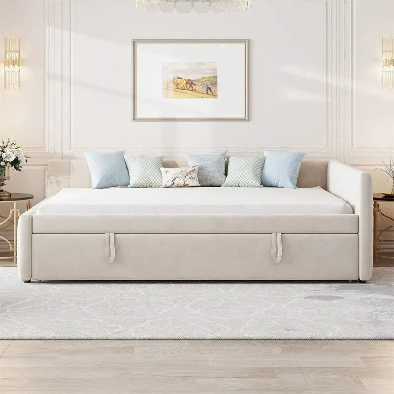 Lettino Imbottito con Letto Estraibile a Scomparsa Matrimoniale, Struttura Divano Letto Matrimoniale con Schienale a L e Design a Righe