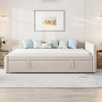 Lettino Imbottito con Letto Estraibile a Scomparsa Matrimoniale, Struttura Divano Letto Matrimoniale con Schienale a L e Design a Righe