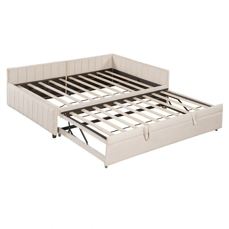 Lettino Imbottito con Letto Estraibile a Scomparsa Matrimoniale, Struttura Divano Letto Matrimoniale con Schienale a L e Design a Righe