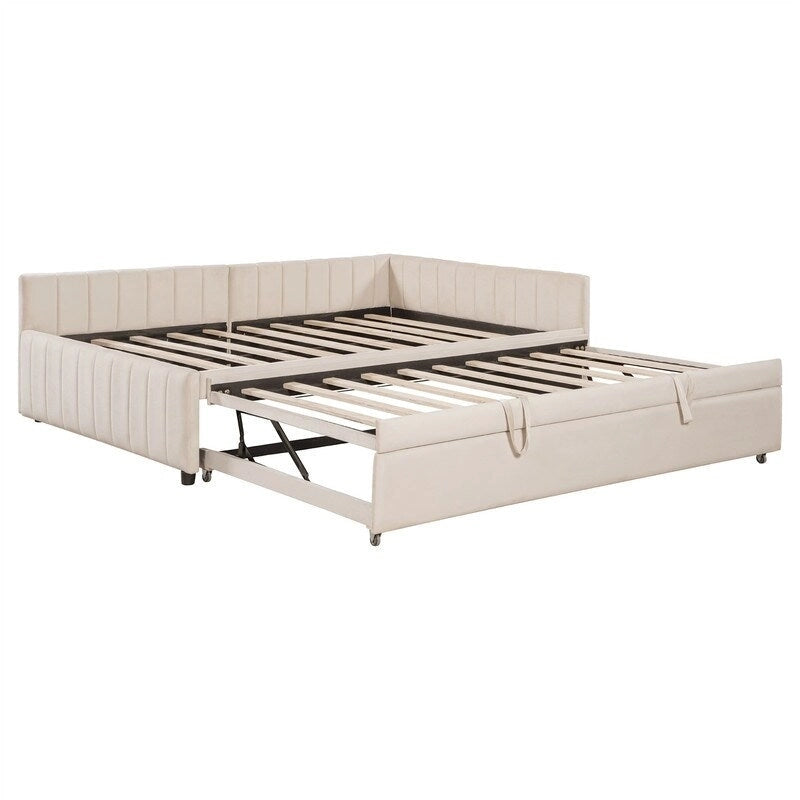 Lettino Imbottito con Letto Estraibile a Scomparsa Matrimoniale, Struttura Divano Letto Matrimoniale con Schienale a L e Design a Righe