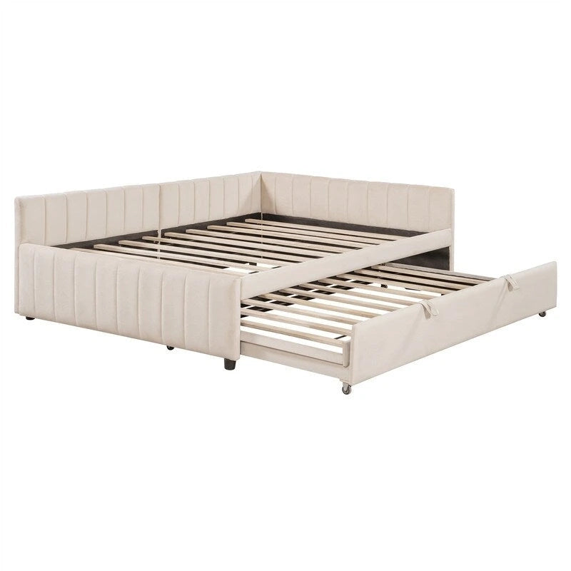 Lettino Imbottito con Letto Estraibile a Scomparsa Matrimoniale, Struttura Divano Letto Matrimoniale con Schienale a L e Design a Righe