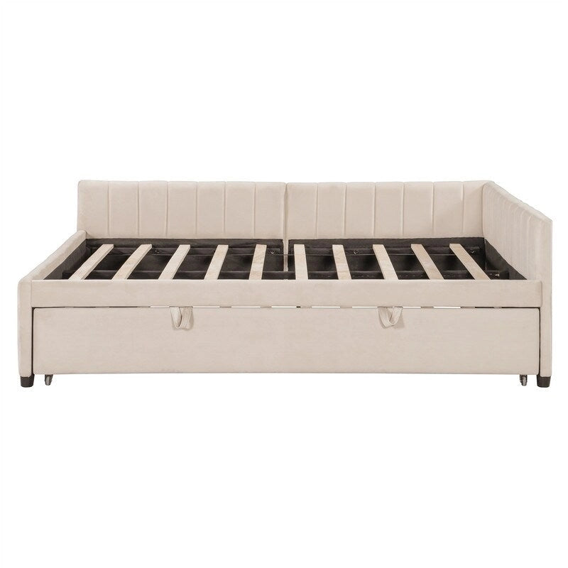 Lettino Imbottito con Letto Estraibile a Scomparsa Matrimoniale, Struttura Divano Letto Matrimoniale con Schienale a L e Design a Righe