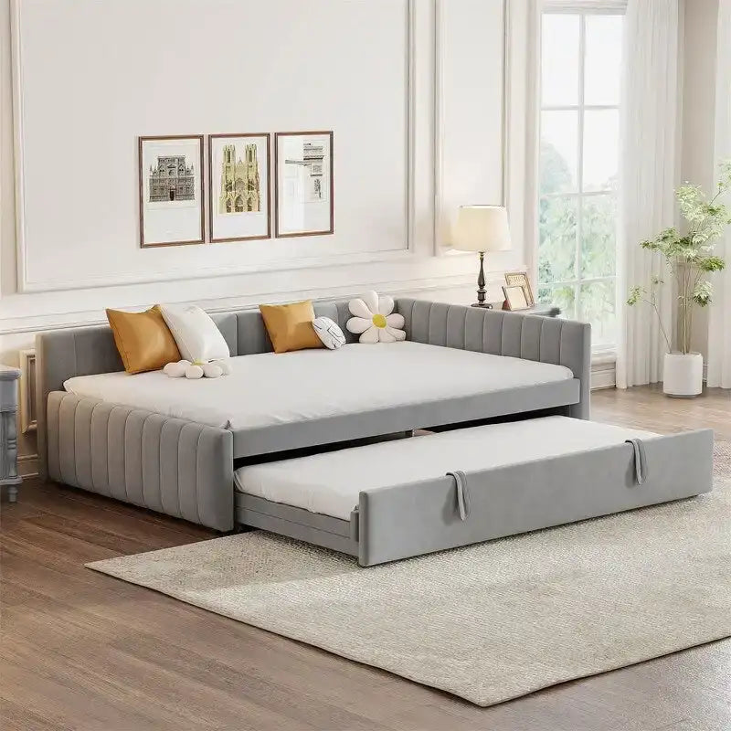Lettino Imbottito con Letto Estraibile a Scomparsa Matrimoniale, Struttura Divano Letto Matrimoniale con Schienale a L e Design a Righe