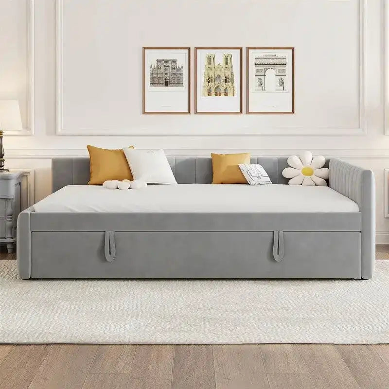 Lettino Imbottito con Letto Estraibile a Scomparsa Matrimoniale, Struttura Divano Letto Matrimoniale con Schienale a L e Design a Righe