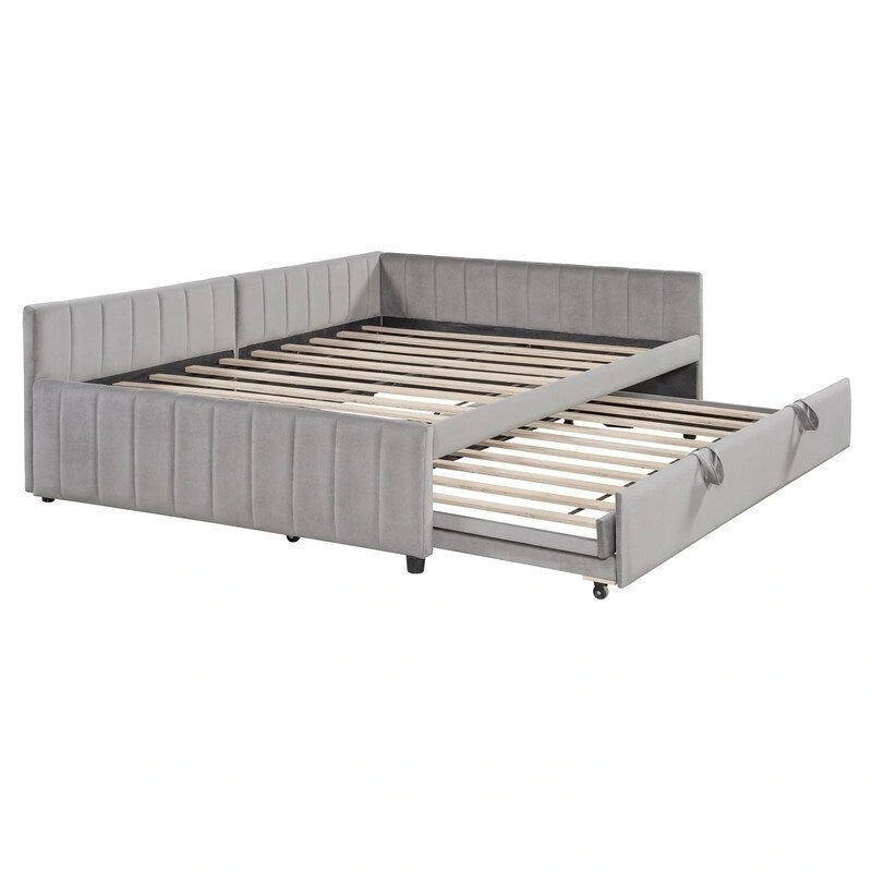 Lettino Imbottito con Letto Estraibile a Scomparsa Matrimoniale, Struttura Divano Letto Matrimoniale con Schienale a L e Design a Righe