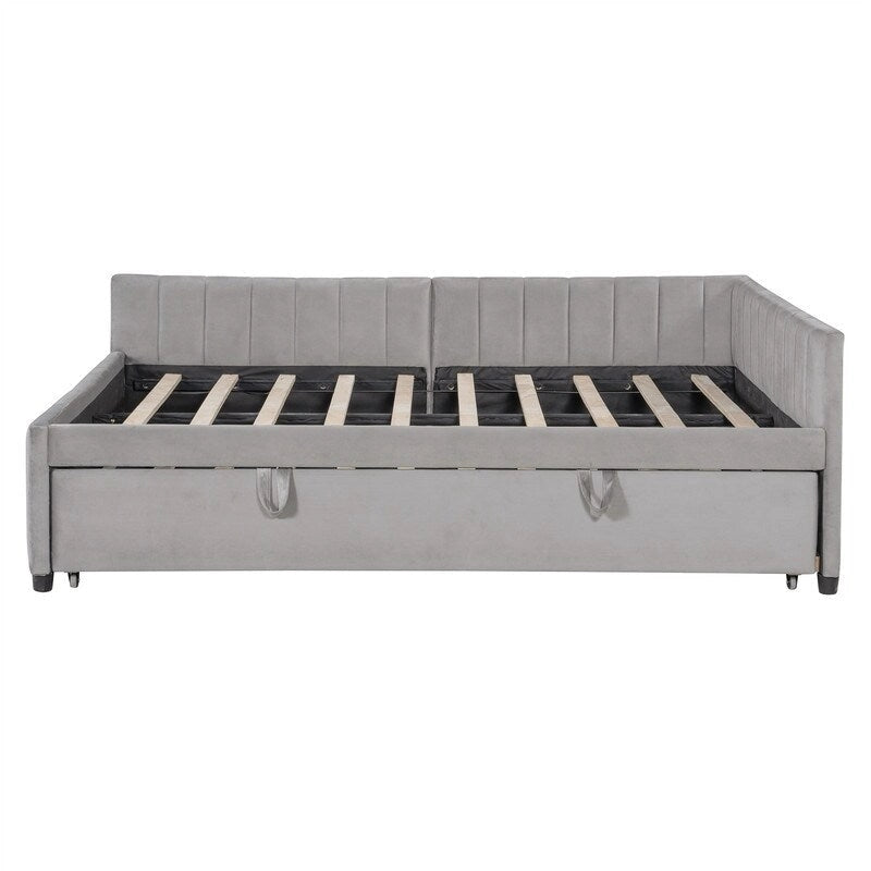 Lettino Imbottito con Letto Estraibile a Scomparsa Matrimoniale, Struttura Divano Letto Matrimoniale con Schienale a L e Design a Righe