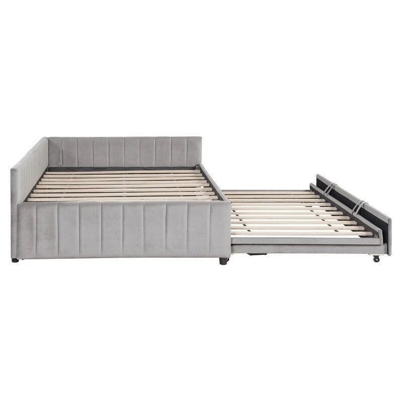 Lettino Imbottito con Letto Estraibile a Scomparsa Matrimoniale, Struttura Divano Letto Matrimoniale con Schienale a L e Design a Righe
