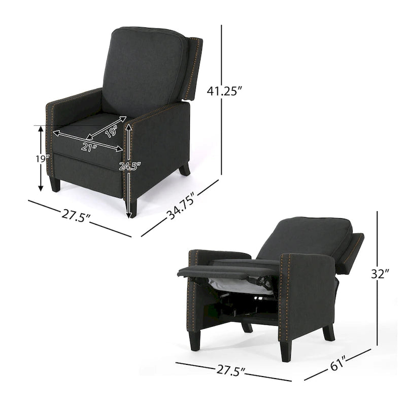 Poltrona reclinabile a spinta tradizionale in tessuto con borchie decorative e rivestimento felpato