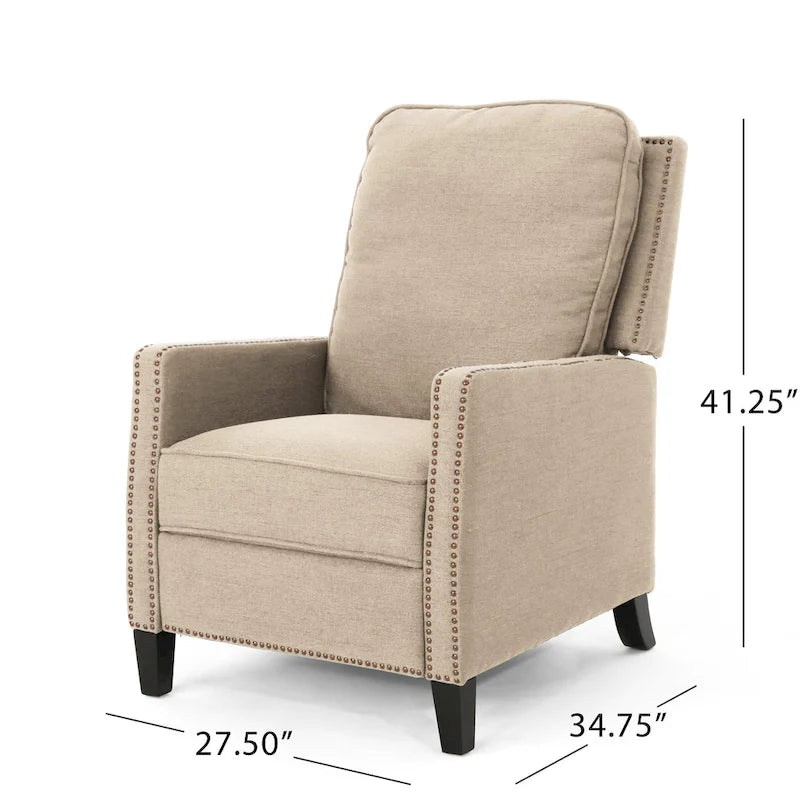 Poltrona reclinabile a spinta tradizionale in tessuto con borchie decorative e rivestimento felpato