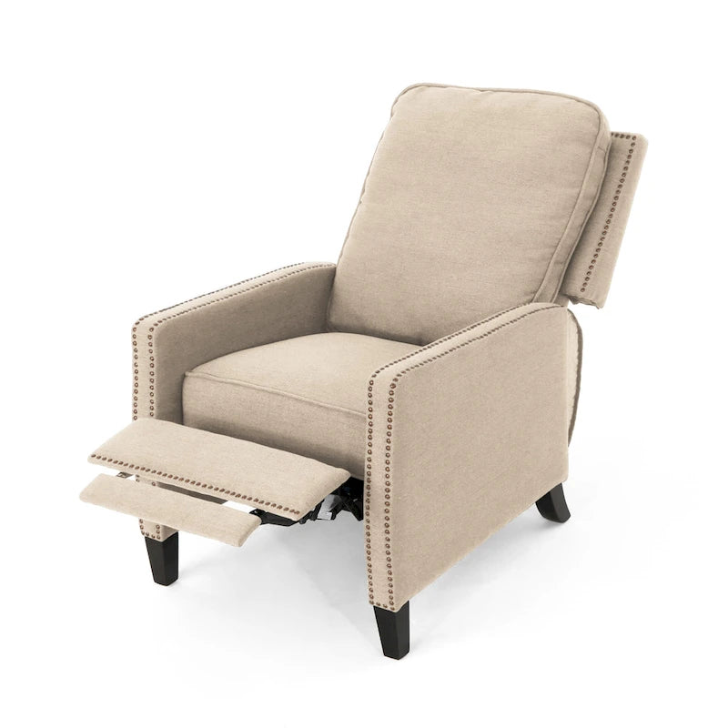 Poltrona reclinabile a spinta tradizionale in tessuto con borchie decorative e rivestimento felpato