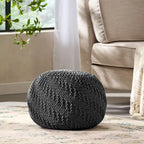 Pouf rotondo in cotone lavorato a maglia con motivo a trecce, imbottitura in perle di polistirolo