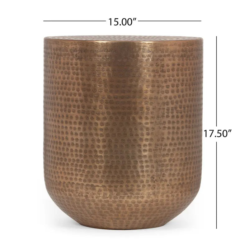 Tavolino da salotto artigianale Boho a tamburo in alluminio, 38 cm L x 38 cm P x 44,5 cm H