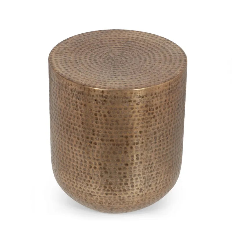 Tavolino da salotto artigianale Boho a tamburo in alluminio, 38 cm L x 38 cm P x 44,5 cm H
