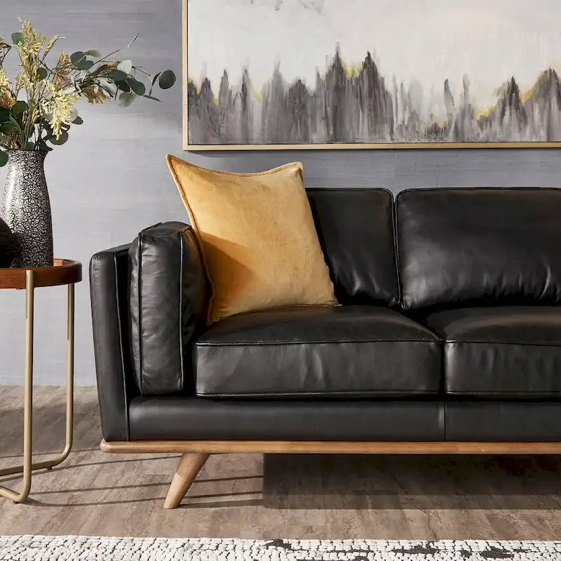 Divano Sezionale in Pelle Nera Italiana con Chaise Destra e Gambe Affusolate in Rovere