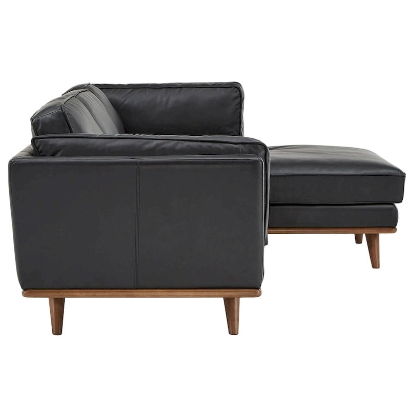 Divano Sezionale in Pelle Nera Italiana con Chaise Destra e Gambe Affusolate in Rovere