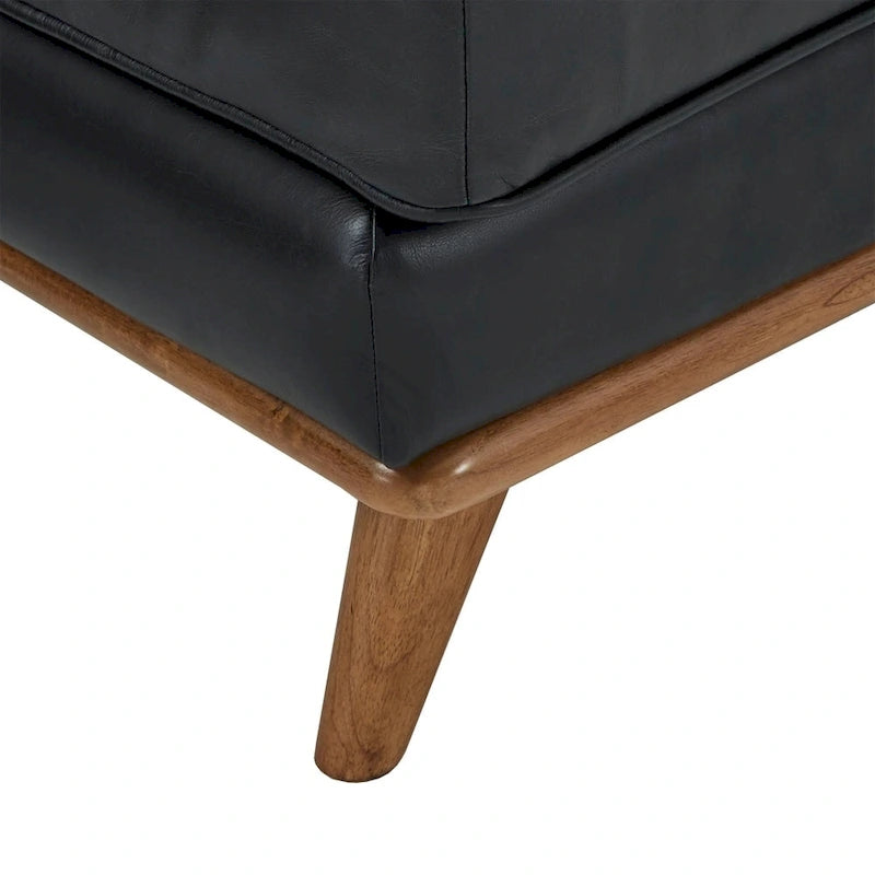 Divano Sezionale in Pelle Nera Italiana con Chaise Destra e Gambe Affusolate in Rovere