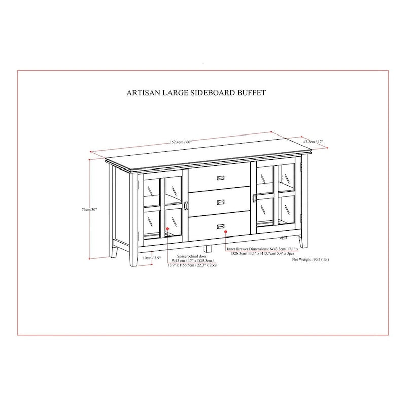 Madia/Credenza Contemporanea in Legno Massello da 60 Pollici, Marrone Rossiccio