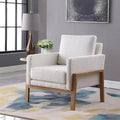 Sedia accento moderna con struttura in legno, tessuto bouclé crema e sedile a molle sinuose