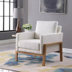 Sedia accento moderna con struttura in legno, tessuto bouclé crema e sedile a molle sinuose