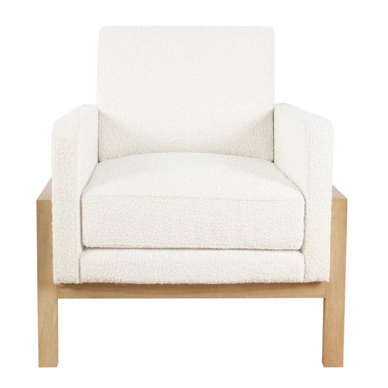 Sedia accento moderna con struttura in legno, tessuto bouclé crema e sedile a molle sinuose