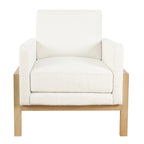 Sedia accento moderna con struttura in legno, tessuto bouclé crema e sedile a molle sinuose