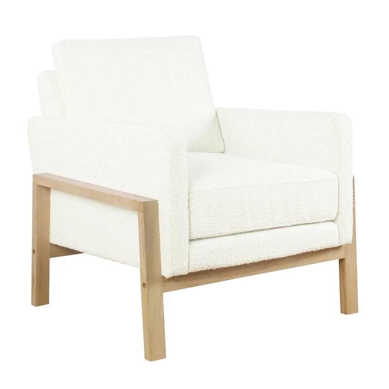 Sedia accento moderna con struttura in legno, tessuto bouclé crema e sedile a molle sinuose