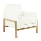 Sedia accento moderna con struttura in legno, tessuto bouclé crema e sedile a molle sinuose