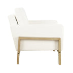 Sedia accento moderna con struttura in legno, tessuto bouclé crema e sedile a molle sinuose