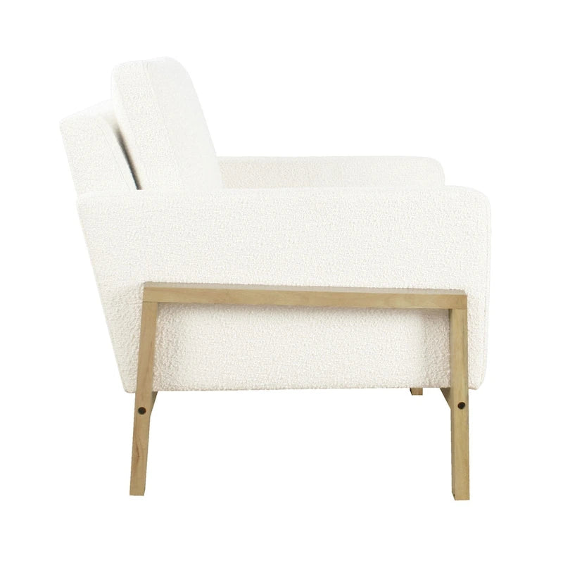 Sedia accento moderna con struttura in legno, tessuto bouclé crema e sedile a molle sinuose