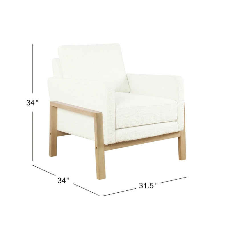 Sedia accento moderna con struttura in legno, tessuto bouclé crema e sedile a molle sinuose