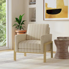 Sedia accento moderna con struttura in legno, tessuto bouclé crema e sedile a molle sinuose