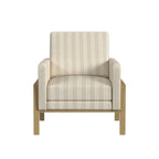 Sedia accento moderna con struttura in legno, tessuto bouclé crema e sedile a molle sinuose