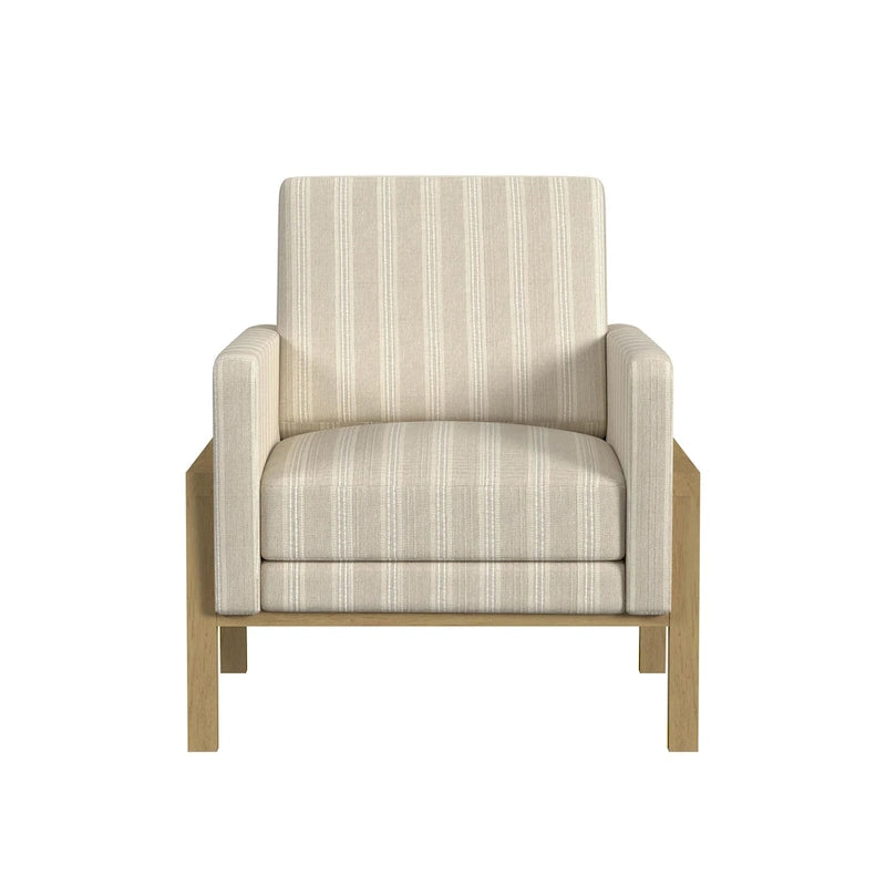 Sedia accento moderna con struttura in legno, tessuto bouclé crema e sedile a molle sinuose