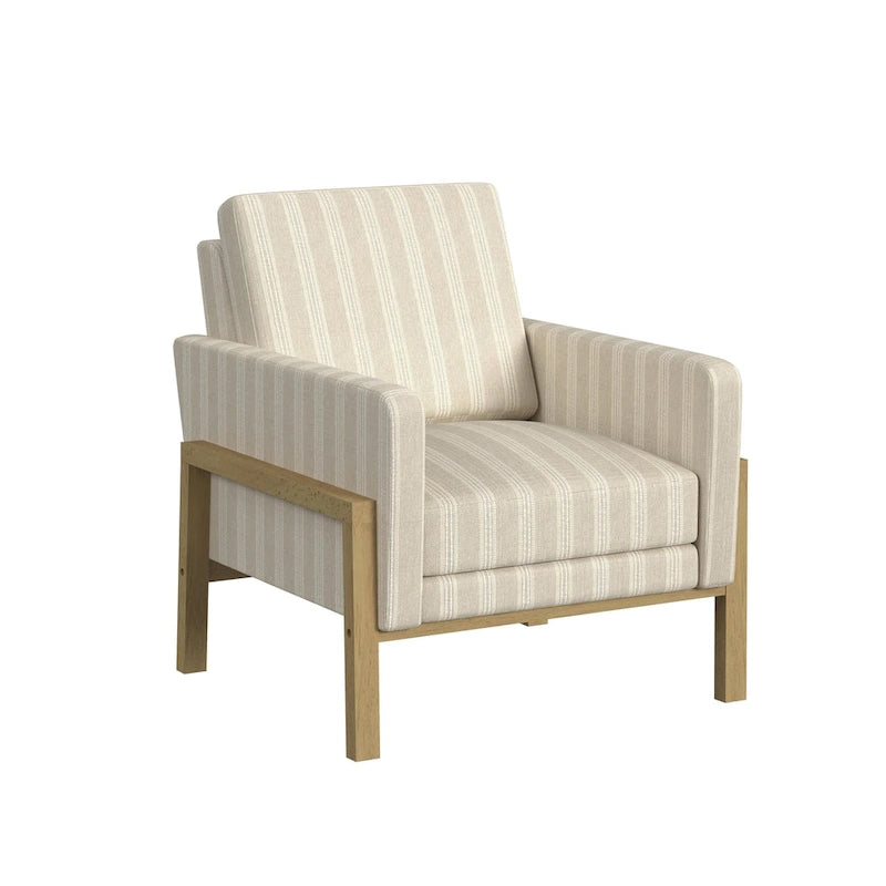 Sedia accento moderna con struttura in legno, tessuto bouclé crema e sedile a molle sinuose