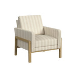Sedia accento moderna con struttura in legno, tessuto bouclé crema e sedile a molle sinuose