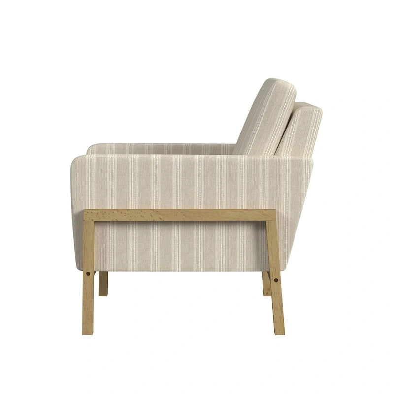 Sedia accento moderna con struttura in legno, tessuto bouclé crema e sedile a molle sinuose