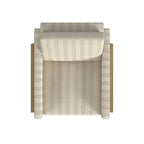 Sedia accento moderna con struttura in legno, tessuto bouclé crema e sedile a molle sinuose