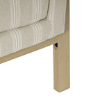 Sedia accento moderna con struttura in legno, tessuto bouclé crema e sedile a molle sinuose